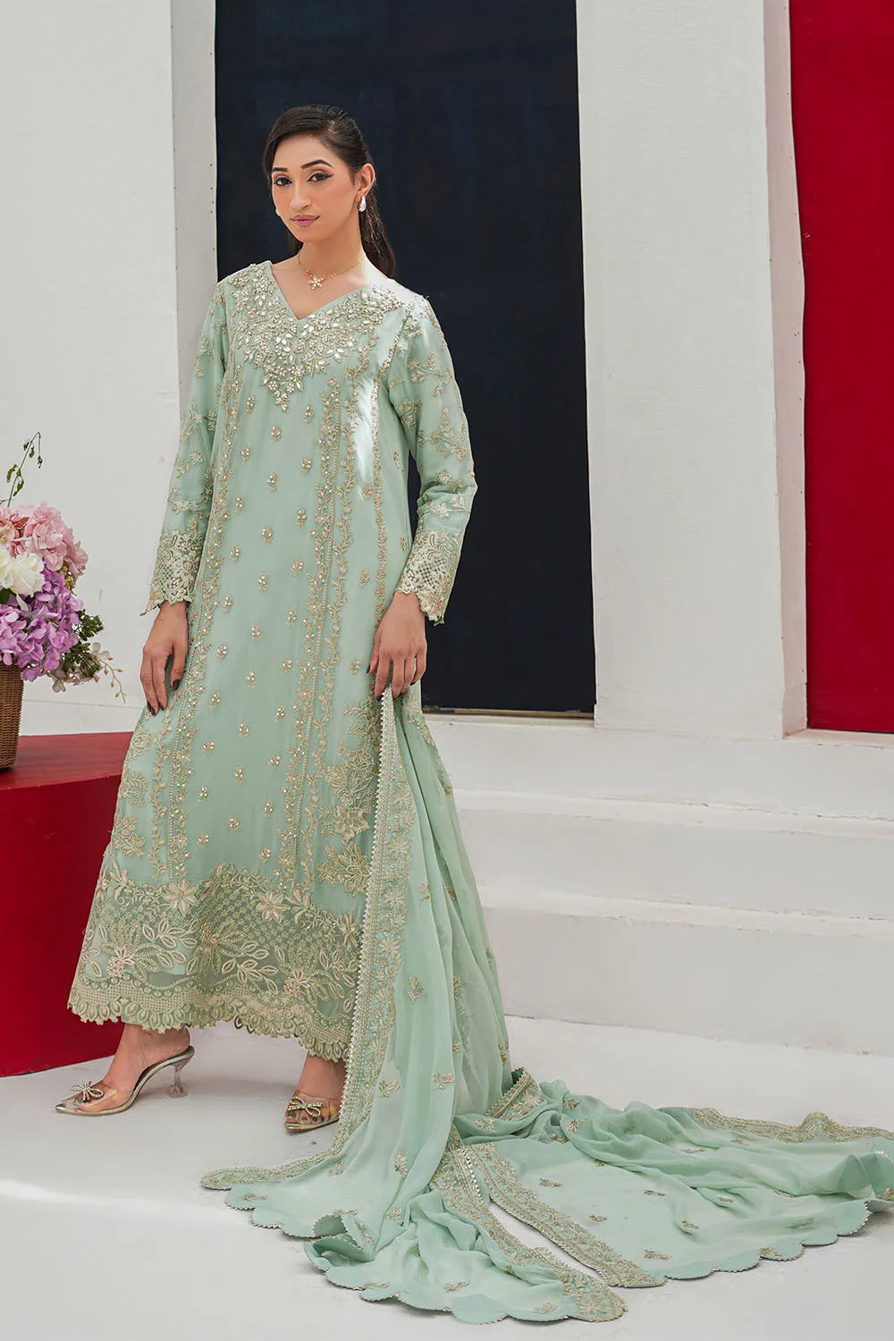 Embroidered 3-piece Pakistani suit in mint and onion pink with a straight-cut chiffon kurta, Malai lining, straight Grip trousers and chiffon dupatta
