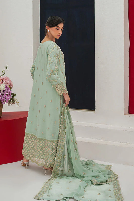 Embroidered 3-piece Pakistani suit in mint and onion pink with a straight-cut chiffon kurta, Malai lining, straight Grip trousers and chiffon dupatta