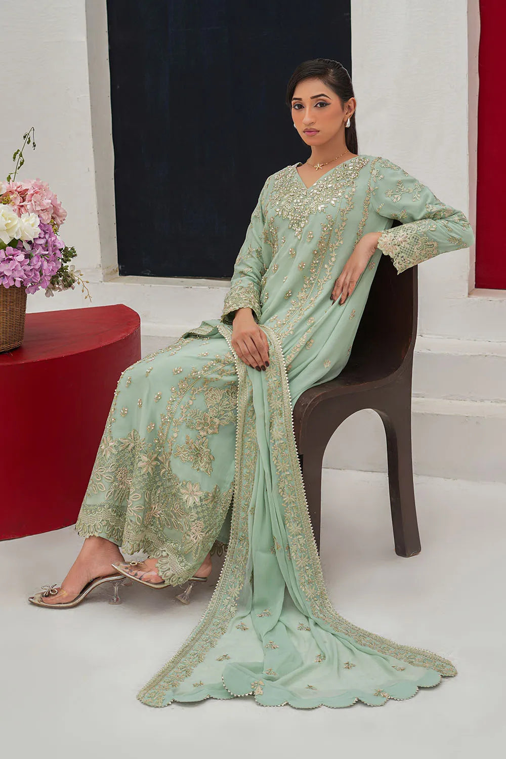 Embroidered 3-piece Pakistani suit in mint and onion pink with a straight-cut chiffon kurta, Malai lining, straight Grip trousers and chiffon dupatta
