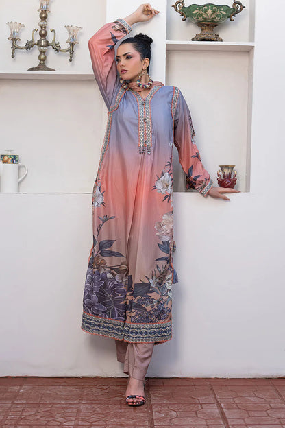 Multicolor printed 3-piece Pakistani suit with long Bana Dora kaftan, straight Bana Dora trousers and chiffon dupatta