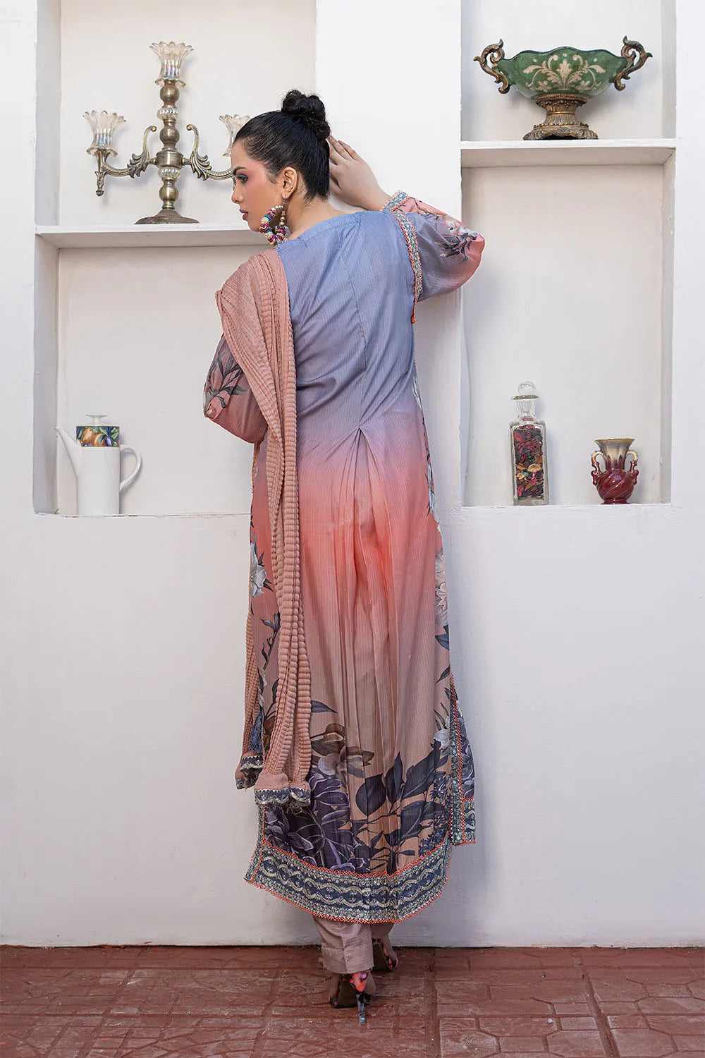 Multicolor printed 3-piece Pakistani suit with long Bana Dora kaftan, straight Bana Dora trousers and chiffon dupatta