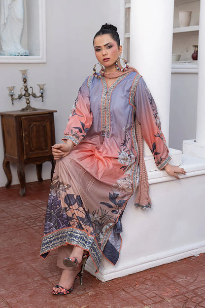 Multicolor printed 3-piece Pakistani suit with long Bana Dora kaftan, straight Bana Dora trousers and chiffon dupatta