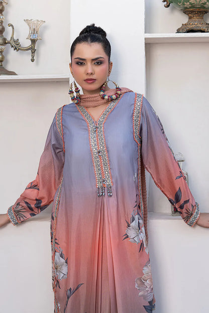 Multicolor printed 3-piece Pakistani suit with long Bana Dora kaftan, straight Bana Dora trousers and chiffon dupatta