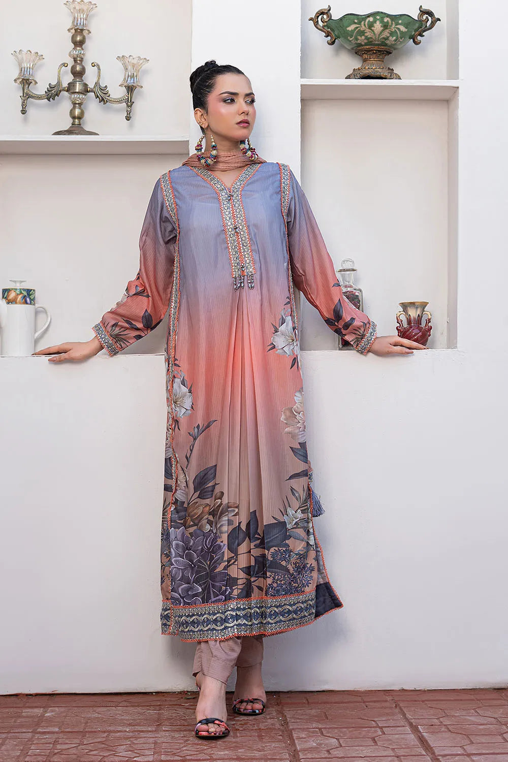 Multicolor printed 3-piece Pakistani suit with long Bana Dora kaftan, straight Bana Dora trousers and chiffon dupatta