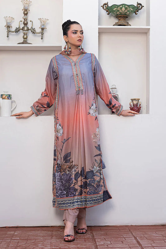 Multicolor printed 3-piece Pakistani suit with long Bana Dora kaftan, straight Bana Dora trousers and chiffon dupatta
