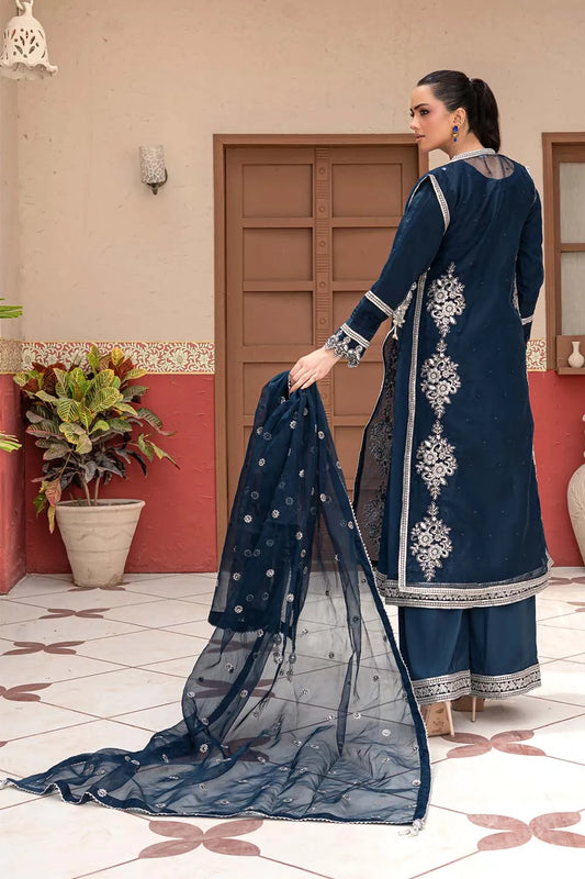 Navy blue embroidered 4-piece Pakistani suit featuring an organza coat, Grip inner, matching Grip palazzo trousers, and organza dupatta.