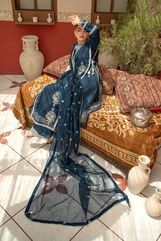 Navy blue embroidered 4-piece Pakistani suit featuring an organza coat, Grip inner, matching Grip palazzo trousers, and organza dupatta.