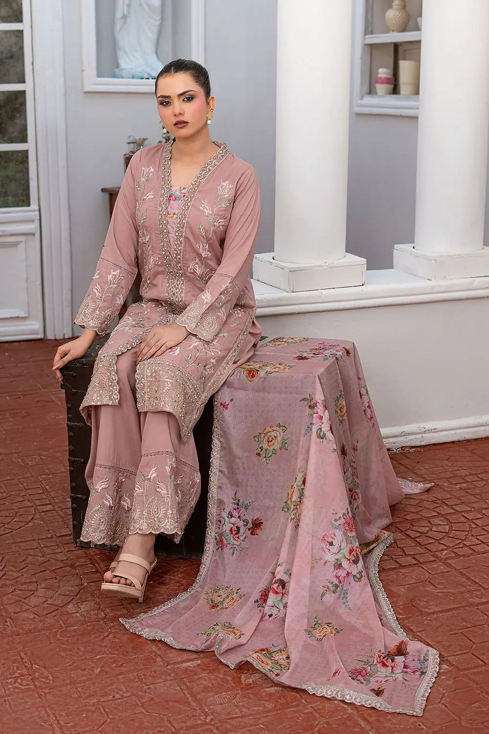O Pink embroidered 3-piece Pakistani suit with straight chiffon open coat, Malai lining, chiffon palazzo and Apple Silk digital print embroidered dupatta