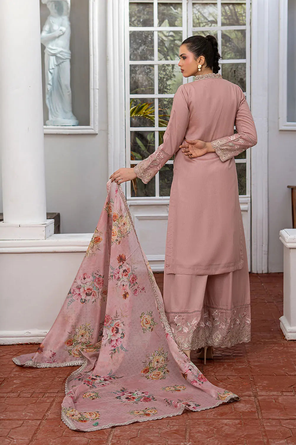 O Pink embroidered 3-piece Pakistani suit with straight chiffon open coat, Malai lining, chiffon palazzo and Apple Silk digital print embroidered dupatta