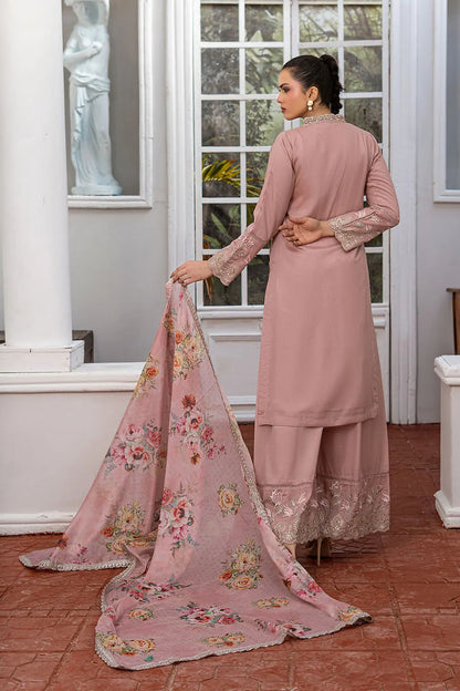 O Pink embroidered 3-piece Pakistani suit with straight chiffon open coat, Malai lining, chiffon palazzo and Apple Silk digital print embroidered dupatta