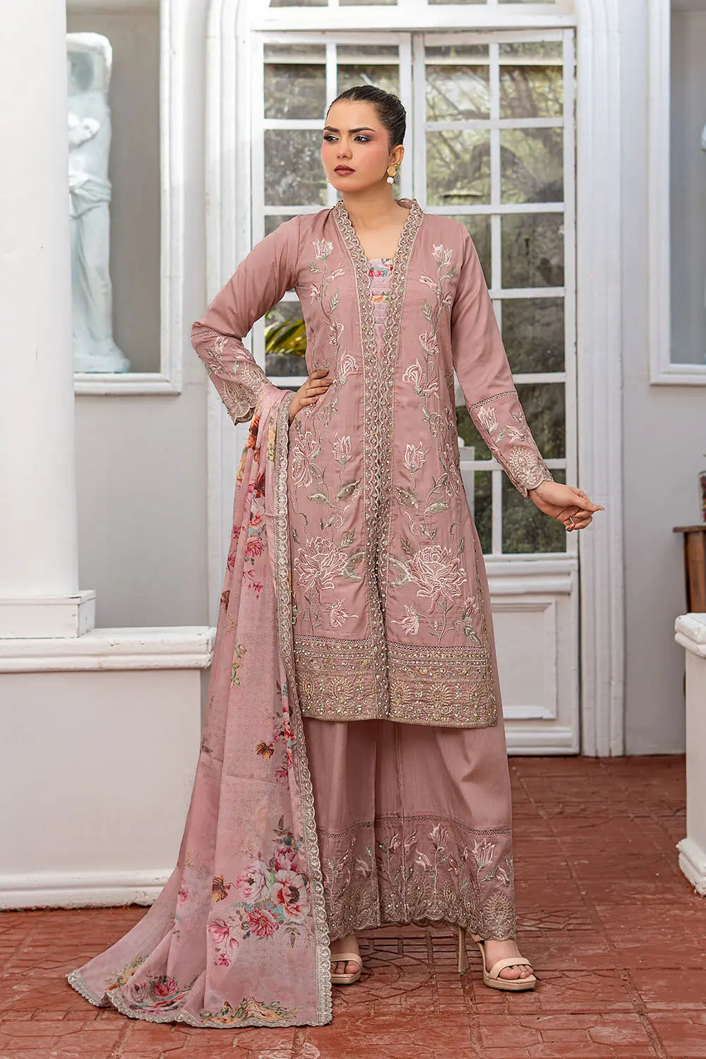 O Pink embroidered 3-piece Pakistani suit with straight chiffon open coat, Malai lining, chiffon palazzo and Apple Silk digital print embroidered dupatta