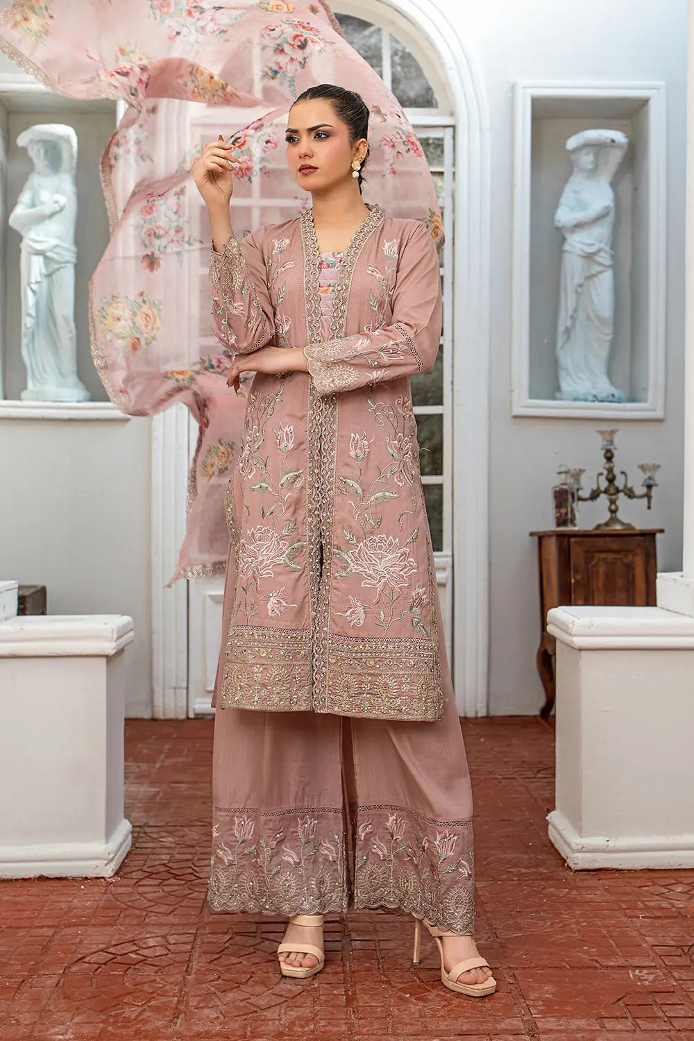O Pink embroidered 3-piece Pakistani suit with straight chiffon open coat, Malai lining, chiffon palazzo and Apple Silk digital print embroidered dupatta