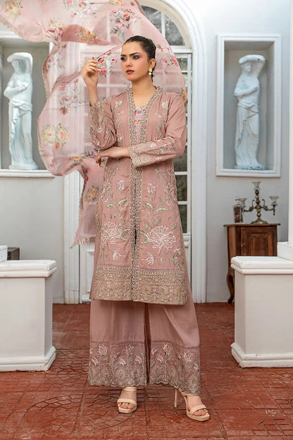 O Pink embroidered 3-piece Pakistani suit with straight chiffon open coat, Malai lining, chiffon palazzo and Apple Silk digital print embroidered dupatta