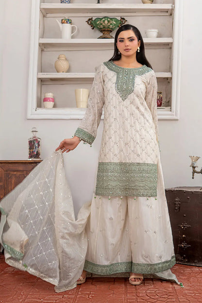 Off-white embroidered 3-piece Pakistani suit featuring a short Bana Dora kurta with Malai lining, matching Kali palazzo, and Khaddi Net dupatta