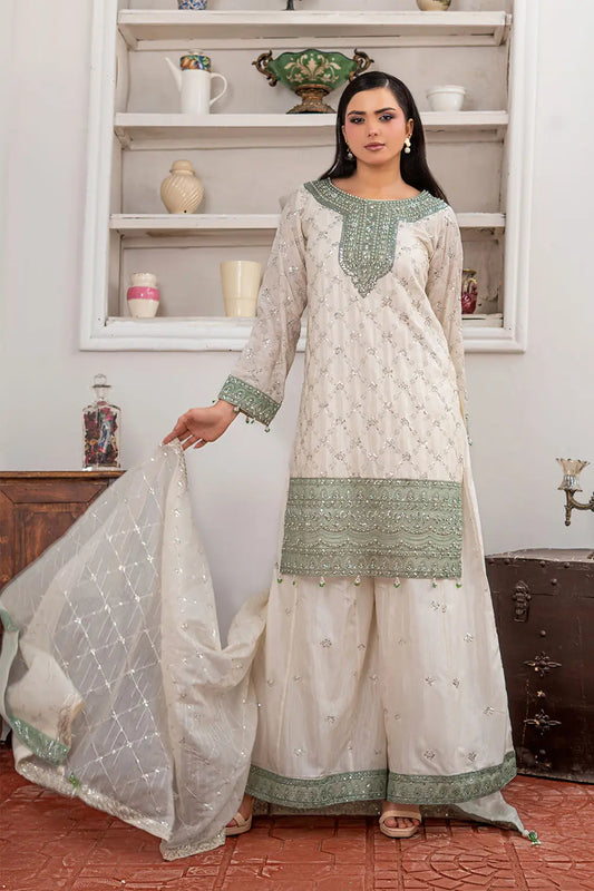 Off-white embroidered 3-piece Pakistani suit featuring a short Bana Dora kurta with Malai lining, matching Kali palazzo, and Khaddi Net dupatta
