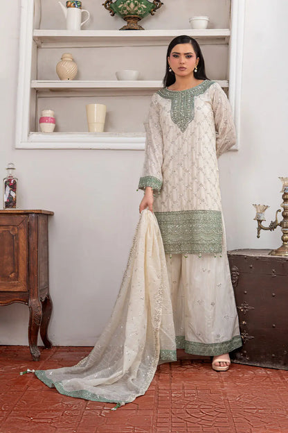 Off-white embroidered 3-piece Pakistani suit featuring a short Bana Dora kurta with Malai lining, matching Kali palazzo, and Khaddi Net dupatta