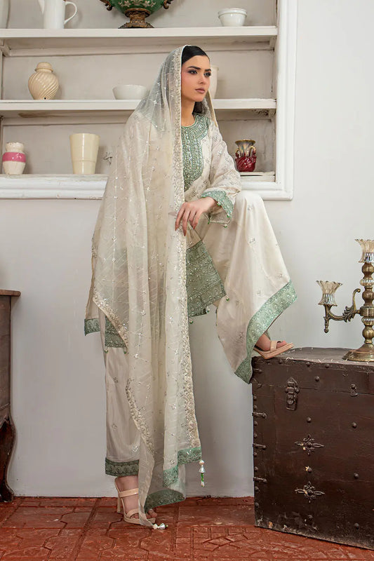 Off-white embroidered 3-piece Pakistani suit featuring a short Bana Dora kurta with Malai lining, matching Kali palazzo, and Khaddi Net dupatta