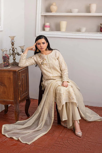 Off-white embroidered 3-piece Pakistani suit featuring a straight-cut organza kurta with full lining, Grip palazzo trousers, and a Khaddi Net dupatta.