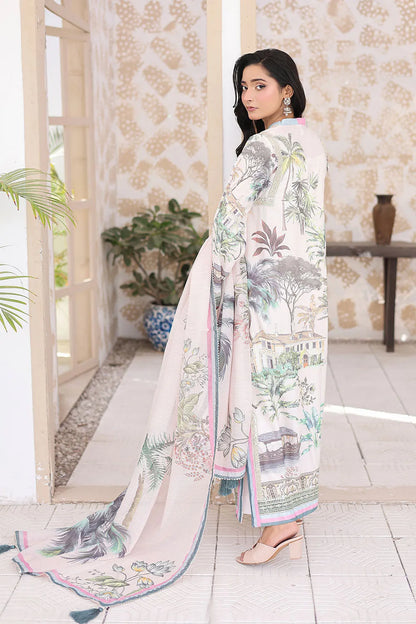 Off-white 3-piece Pakistani suit featuring a long Bana Dora kaftan, matching straight Bana Dora trousers, and a printed Khaddi Net dupatta.
