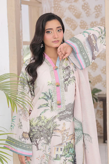 Off-white 3-piece Pakistani suit featuring a long Bana Dora kaftan, matching straight Bana Dora trousers, and a printed Khaddi Net dupatta.