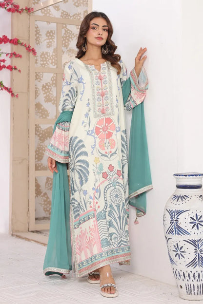 Off white printed 3-piece Pakistani suit with long Bana Dora kaftan, straight Bana Dora trousers and chiffon dupatta