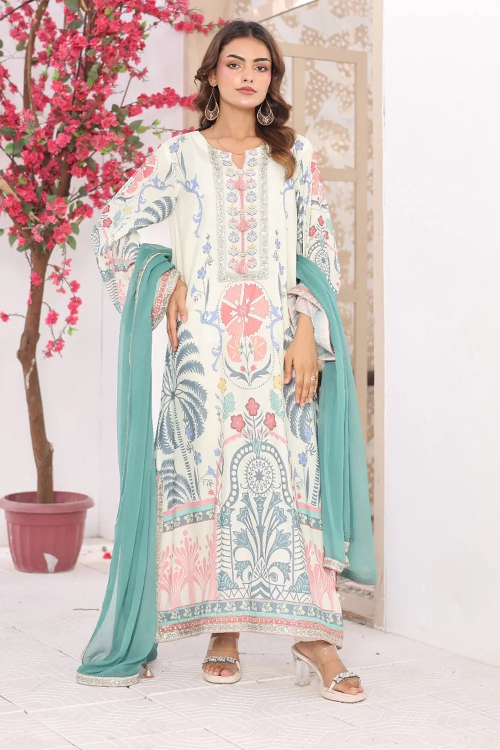 Off white printed 3-piece Pakistani suit with long Bana Dora kaftan, straight Bana Dora trousers and chiffon dupatta