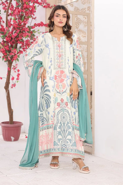 Off white printed 3-piece Pakistani suit with long Bana Dora kaftan, straight Bana Dora trousers and chiffon dupatta