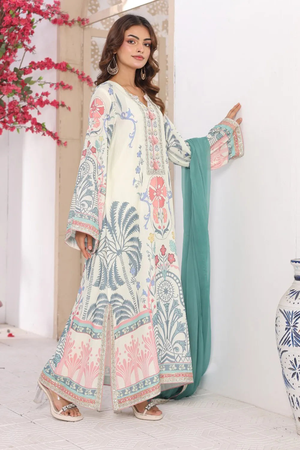 Off white printed 3-piece Pakistani suit with long Bana Dora kaftan, straight Bana Dora trousers and chiffon dupatta