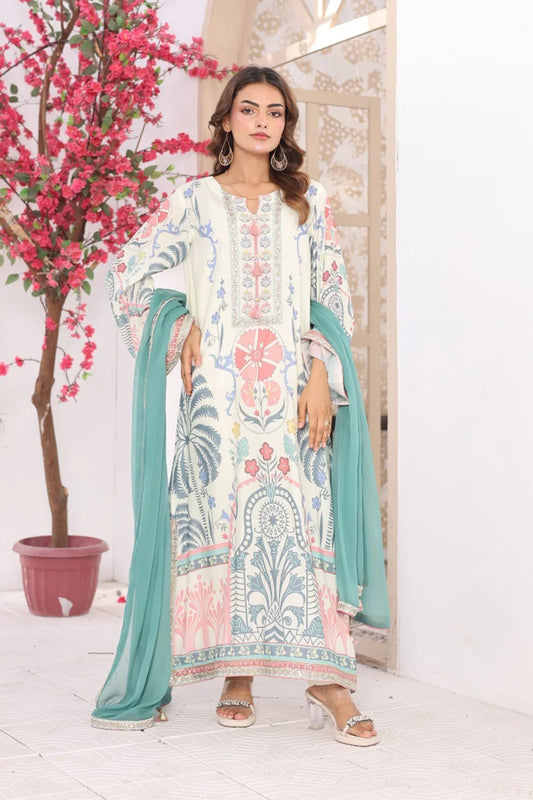Off White Printed Long Kaftan 3 Piece Suit