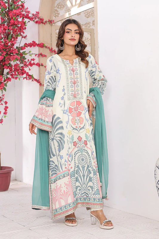 Off white printed 3-piece Pakistani suit with long Bana Dora kaftan, straight Bana Dora trousers and chiffon dupatta