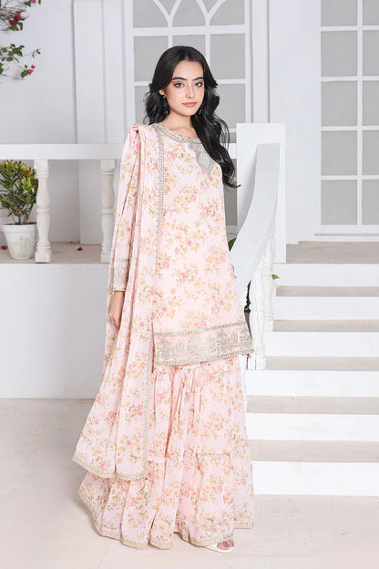 Peach embroidered 3-piece Pakistani suit featuring a printed chiffon short shirt with full lining, straight-leg printed chiffon gharara with attached lining, and matching printed chiffon dupatta.