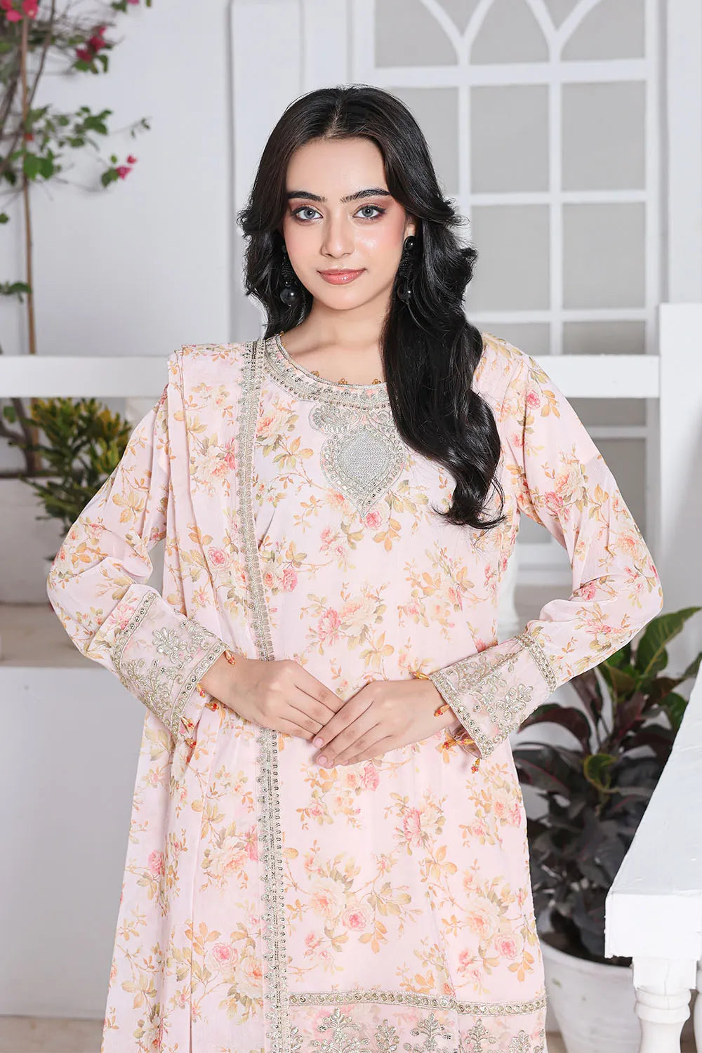 Peach embroidered 3-piece Pakistani suit featuring a printed chiffon short shirt with full lining, straight-leg printed chiffon gharara with attached lining, and matching printed chiffon dupatta.
