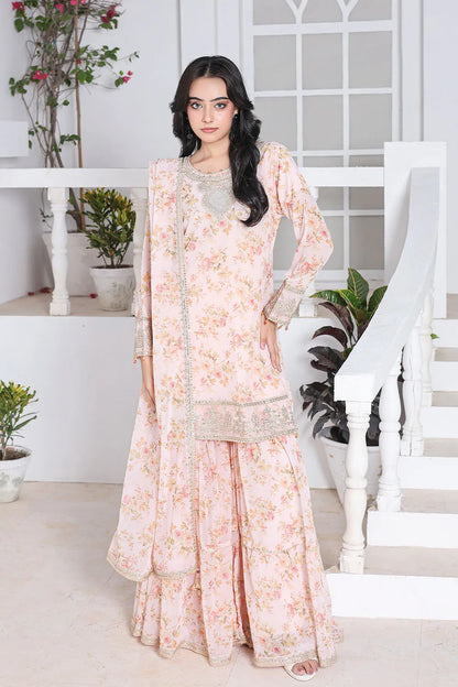 Peach embroidered 3-piece Pakistani suit featuring a printed chiffon short shirt with full lining, straight-leg printed chiffon gharara with attached lining, and matching printed chiffon dupatta.