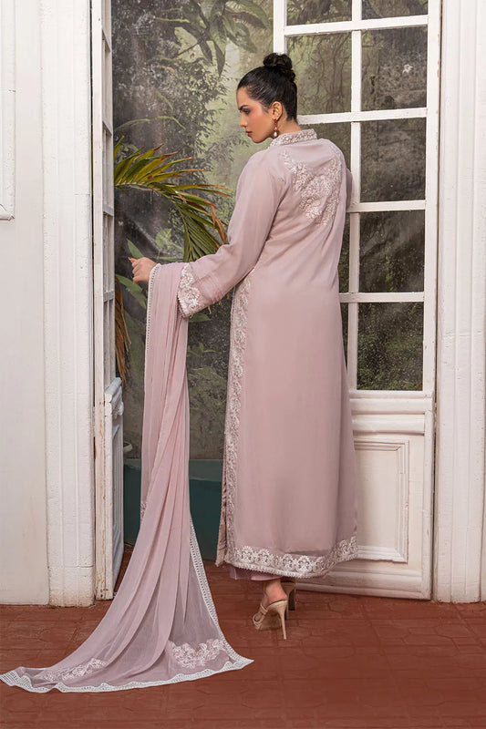 Pink embroidered 3-piece Pakistani suit featuring a long chiffon kaftan with full lining, straight Grip trousers, and a matching chiffon dupatta.