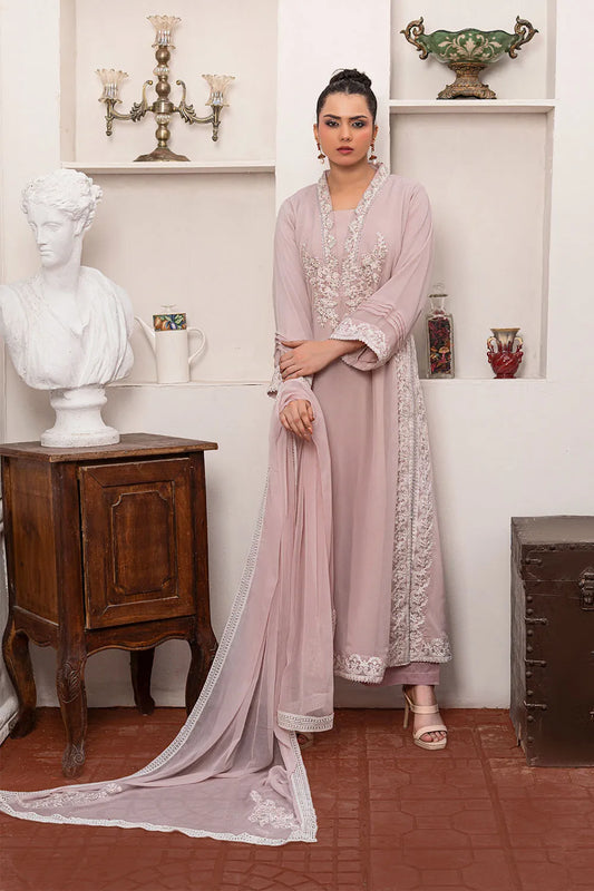 Pink embroidered 3-piece Pakistani suit featuring a long chiffon kaftan with full lining, straight Grip trousers, and a matching chiffon dupatta.