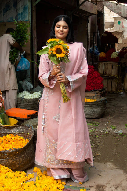 Pink Embroidered Khaddi Net Flared Gown Suit