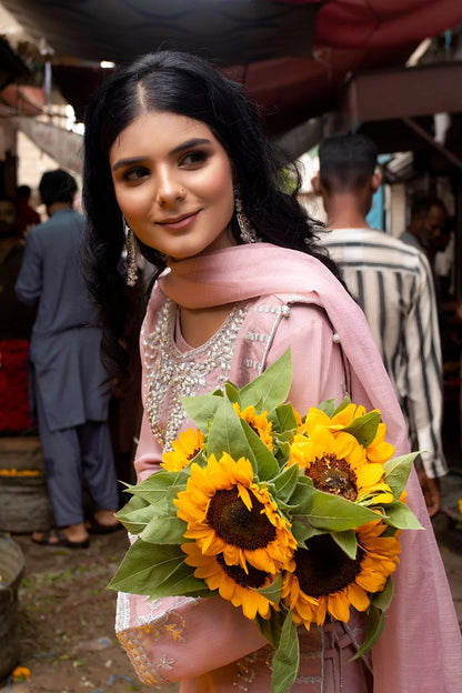 Pink Embroidered Khaddi Net Flared Gown Suit