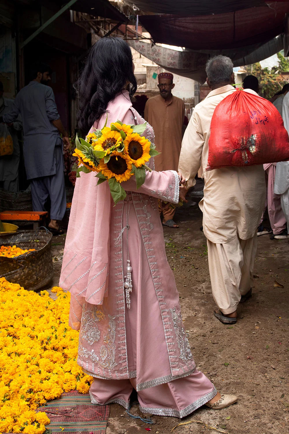Pink Embroidered Khaddi Net Flared Gown Suit