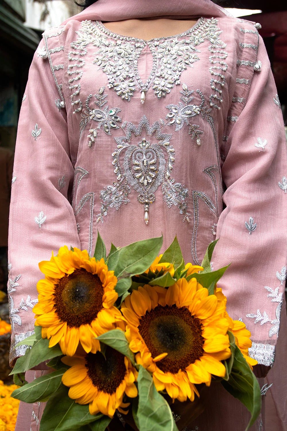 Pink Embroidered Khaddi Net Flared Gown Suit