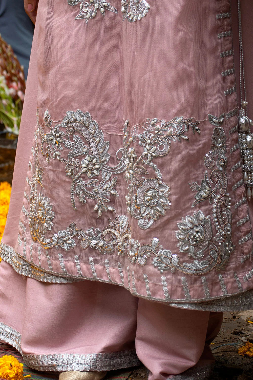 Pink Embroidered Khaddi Net Flared Gown Suit