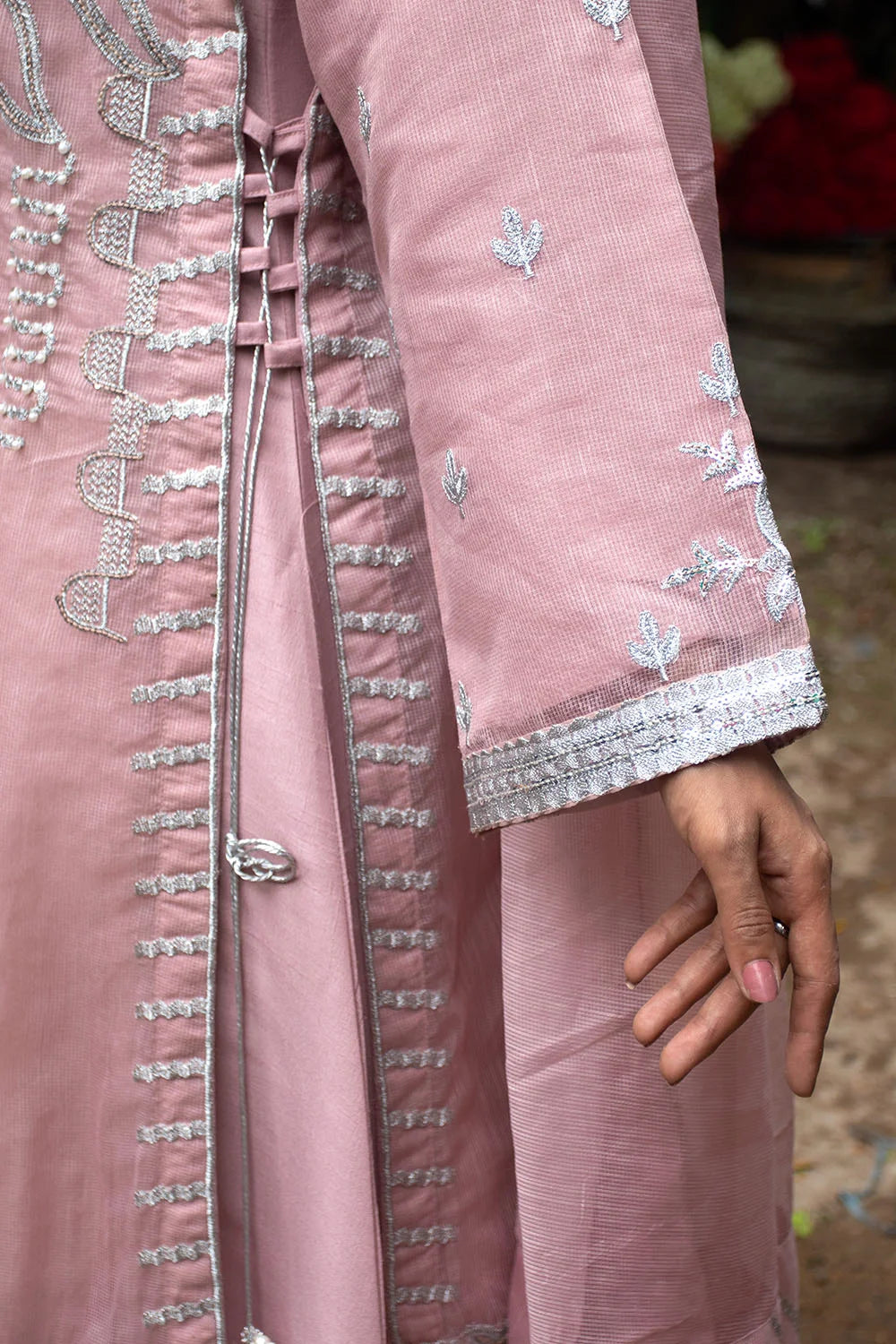 Pink Embroidered Khaddi Net Flared Gown Suit