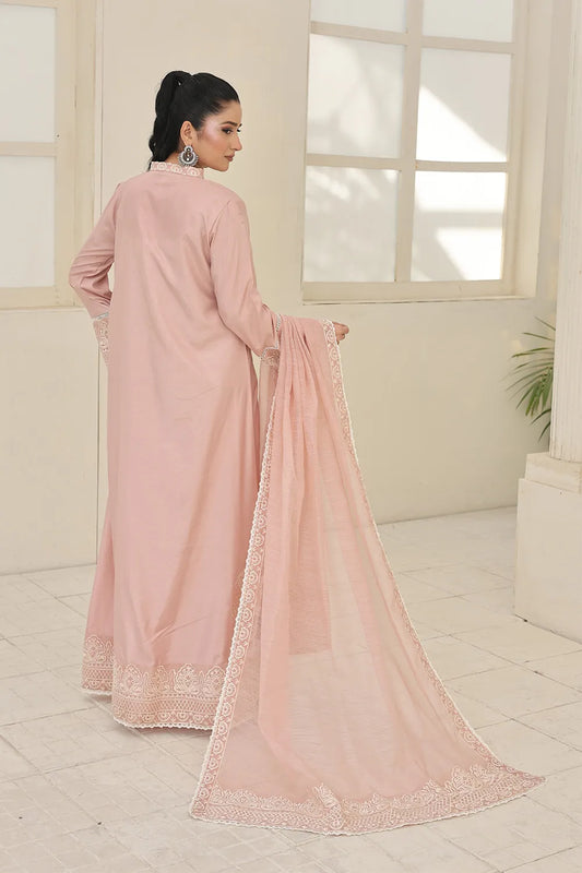 Pink embroidered 3-piece Pakistani suit featuring an A-line silk kurta with full Malai lining, matching straight silk trousers, and a Khaddi Net dupatta.