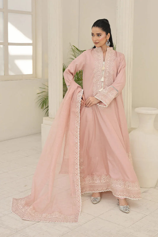 Pink embroidered 3-piece Pakistani suit featuring an A-line silk kurta with full Malai lining, matching straight silk trousers, and a Khaddi Net dupatta.