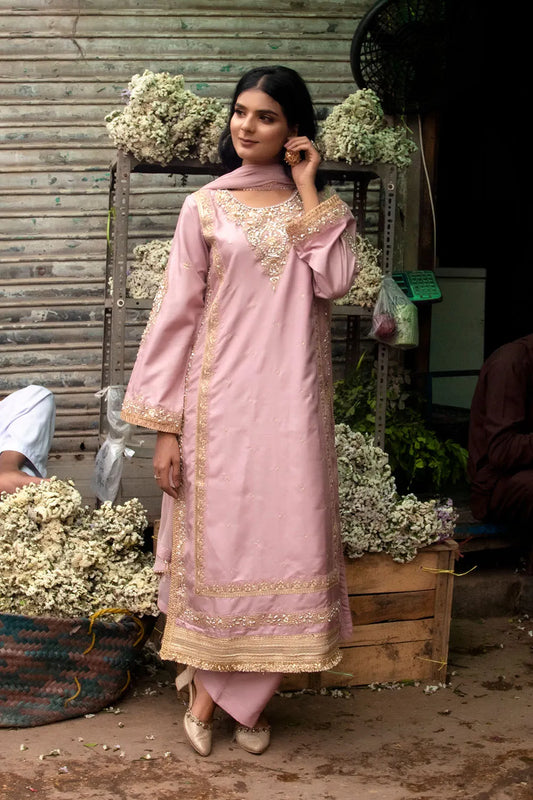 Pink Embroidered Silk Palazzo 3 Piece Suit