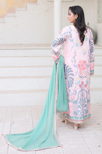 Pink printed 3-piece Pakistani suit with long Bana Dora kaftan, straight Bana Dora trousers and chiffon dupatta