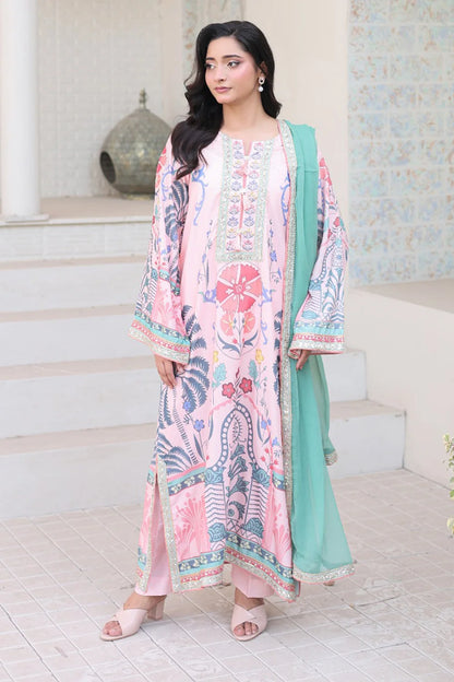 Pink printed 3-piece Pakistani suit with long Bana Dora kaftan, straight Bana Dora trousers and chiffon dupatta