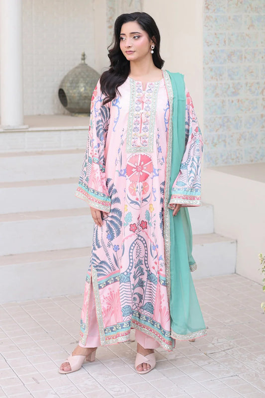 Pink printed 3-piece Pakistani suit with long Bana Dora kaftan, straight Bana Dora trousers and chiffon dupatta