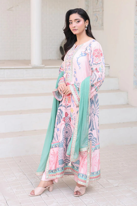 Pink printed 3-piece Pakistani suit with long Bana Dora kaftan, straight Bana Dora trousers and chiffon dupatta