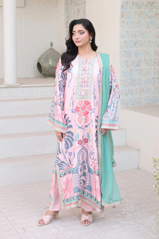 Pink Printed Long Kaftan 3 Piece Bana Dora Suit