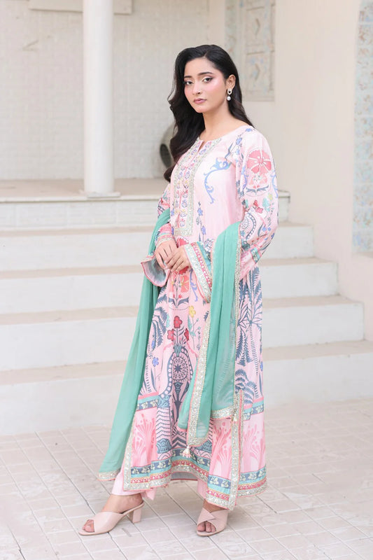 Pink Printed Long Kaftan 3 Piece Bana Dora Suit